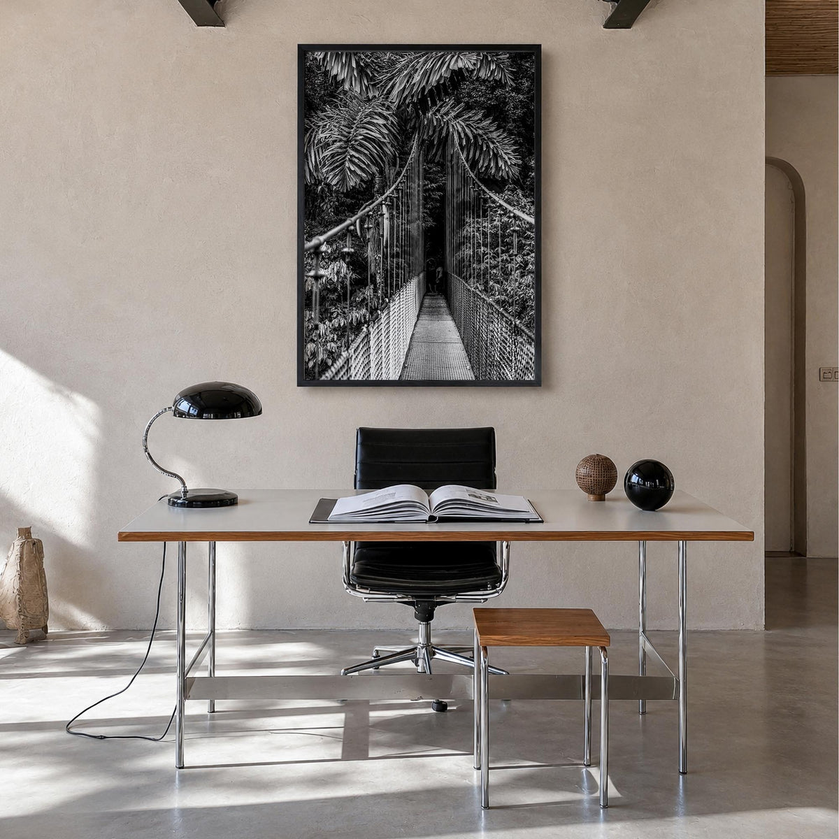 Hanging Bridge black & white photo poster – vertical wall art in black wood frame, hanging on wall