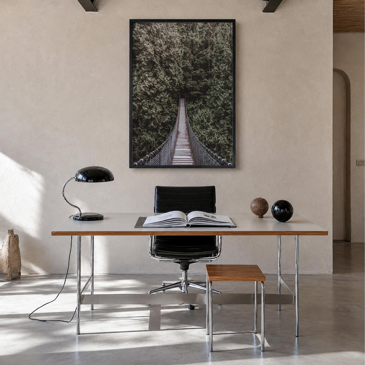 Hanging Bridge colorful photo poster – vertical wall art in black wood frame, hanging on wall
