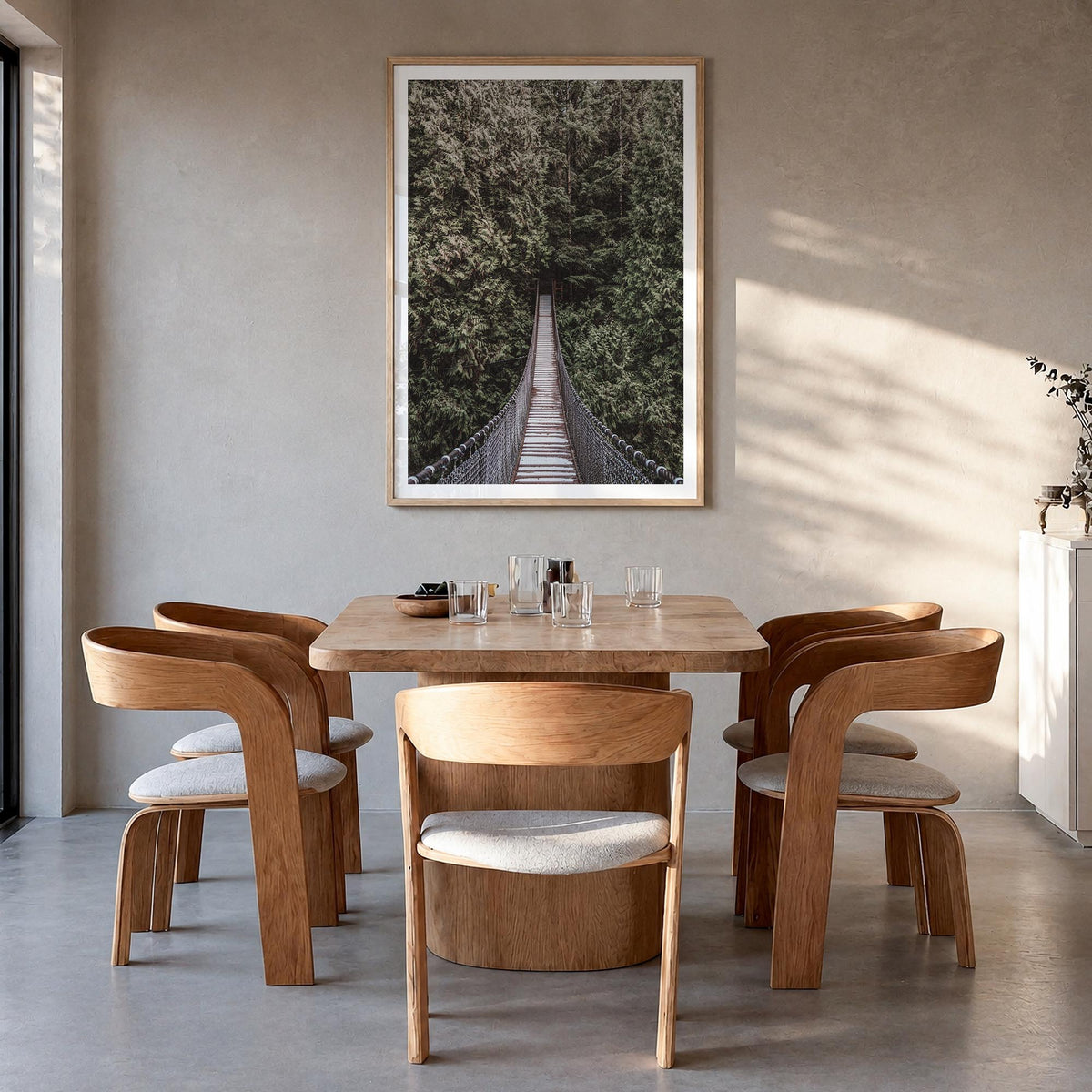 Hanging Bridge colorful photo poster – vertical wall art in natural wood frame with white border, hanging on wall