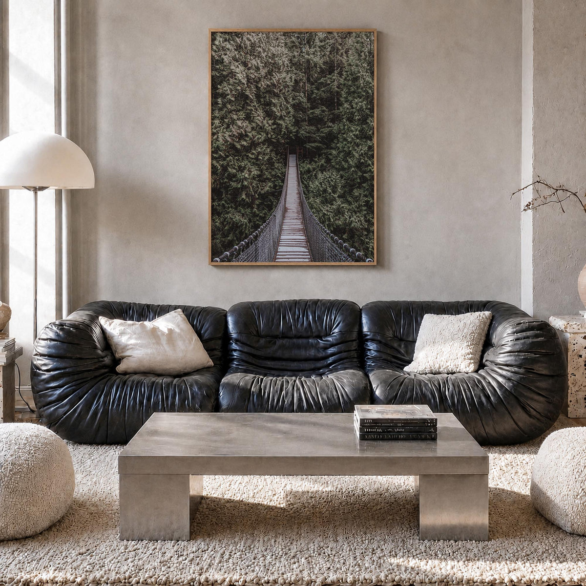 Hanging Bridge colorful photo poster – vertical wall art in natural wood frame, hanging on wall