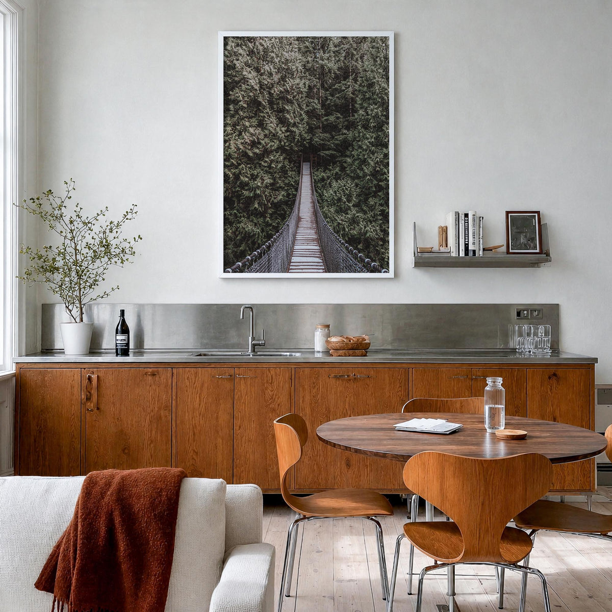 Hanging Bridge colorful photo poster – vertical wall art in white wood frame, hanging on wall