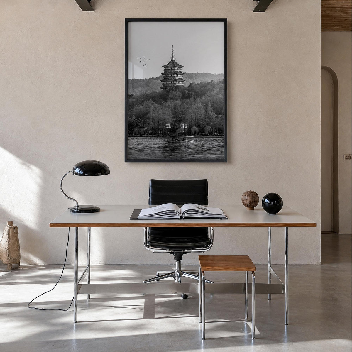 Hangzhou black & white photo poster of China – vertical wall art in black wood frame, hanging on wall