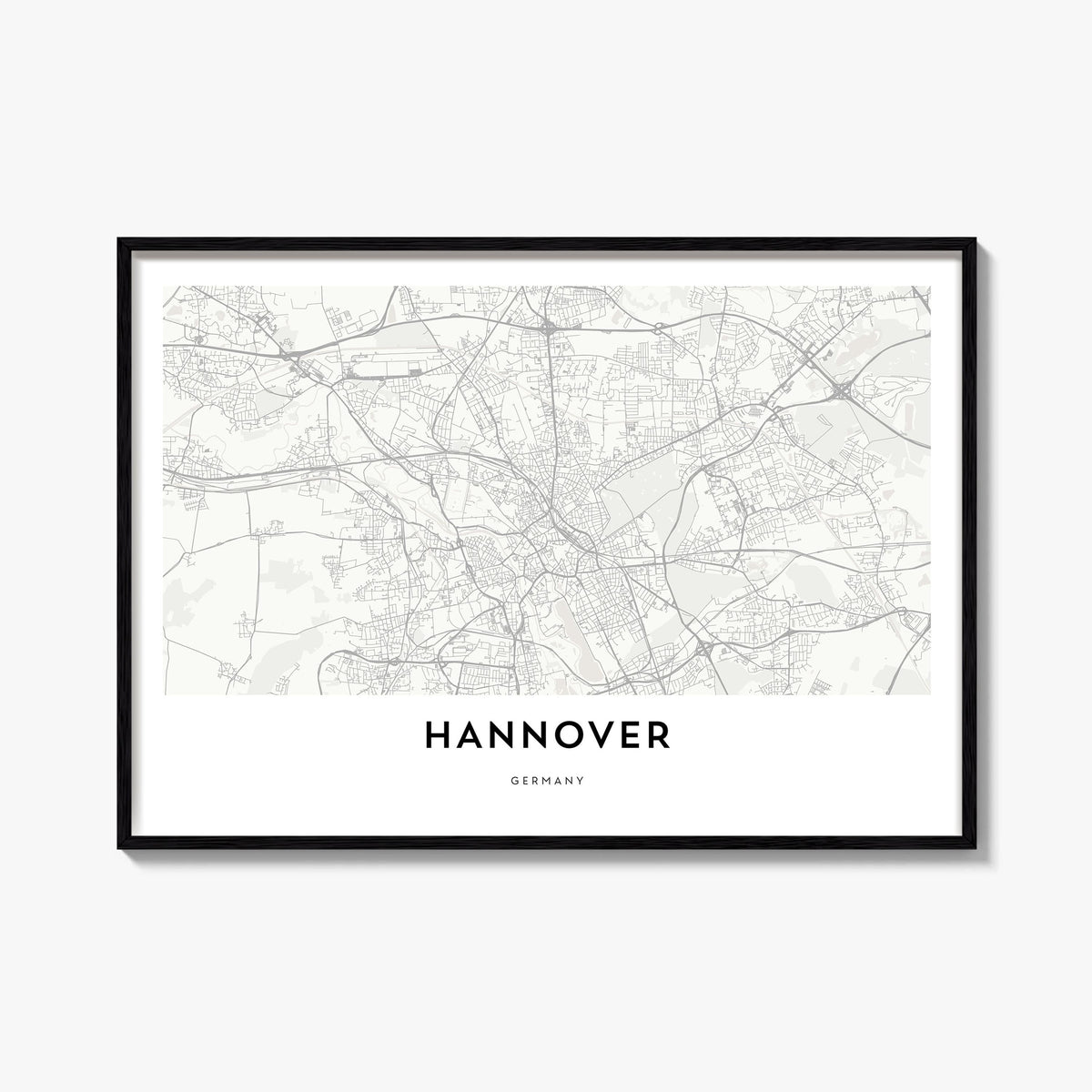 Hannover black & white map poster of Germany – horizontal wall art, unframed print shown in interior mockup
