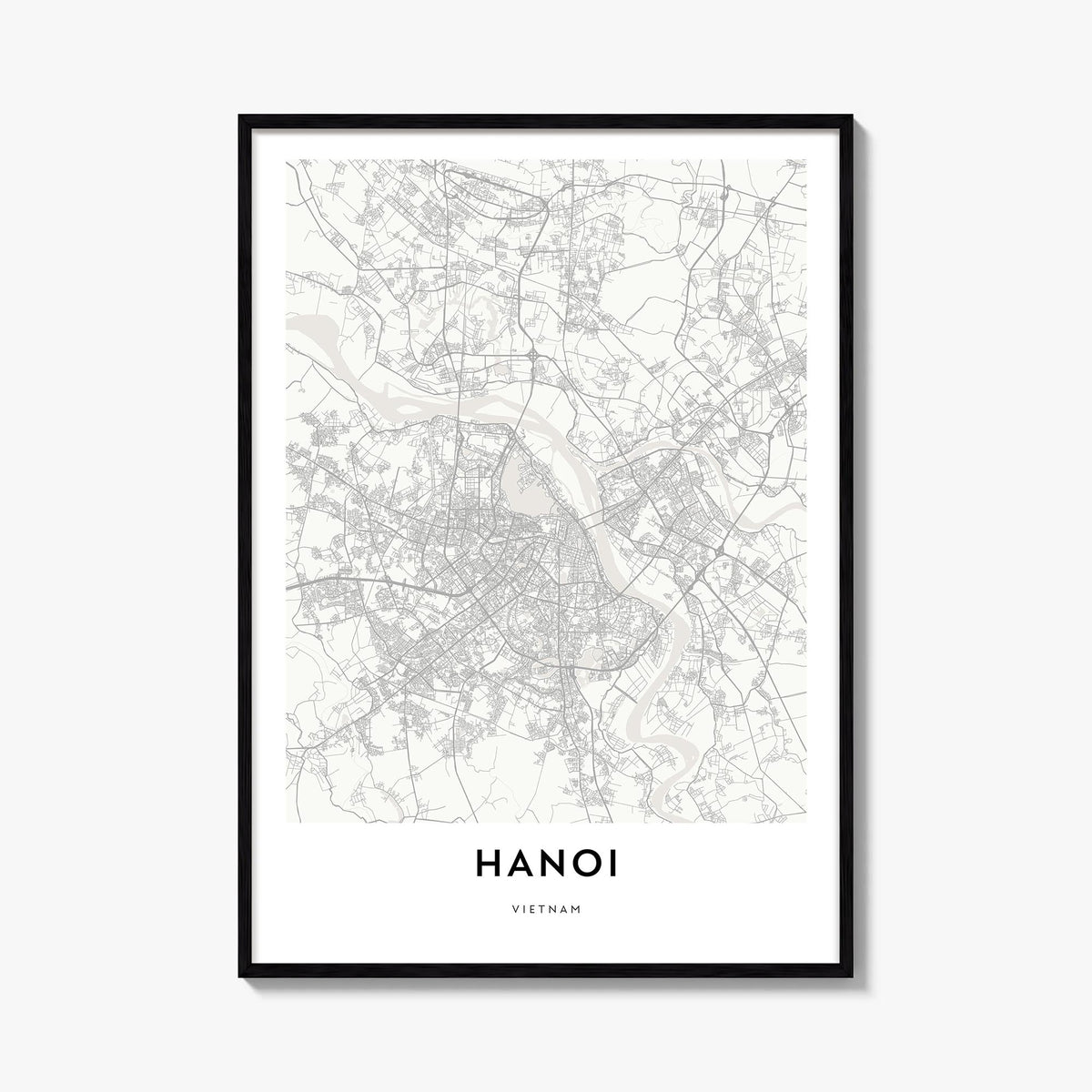 Hanoi black & white map poster of Vietnam – vertical wall art, unframed print shown in interior mockup