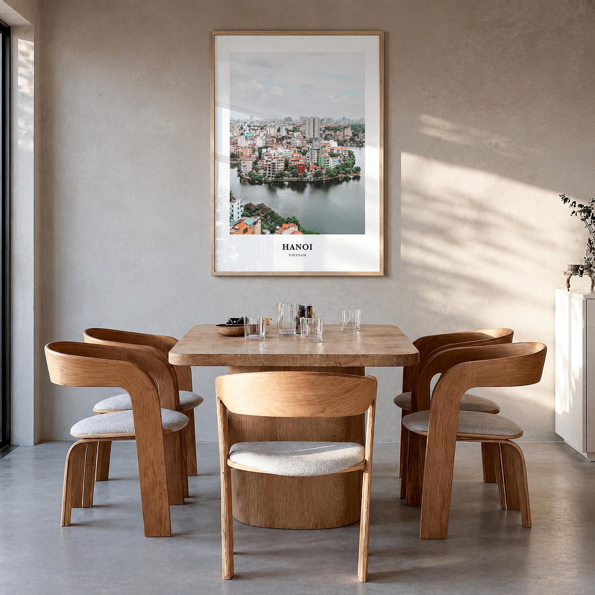 Hanoi colorful classic poster of Vietnam – vertical wall art in natural wood frame, hanging on wall