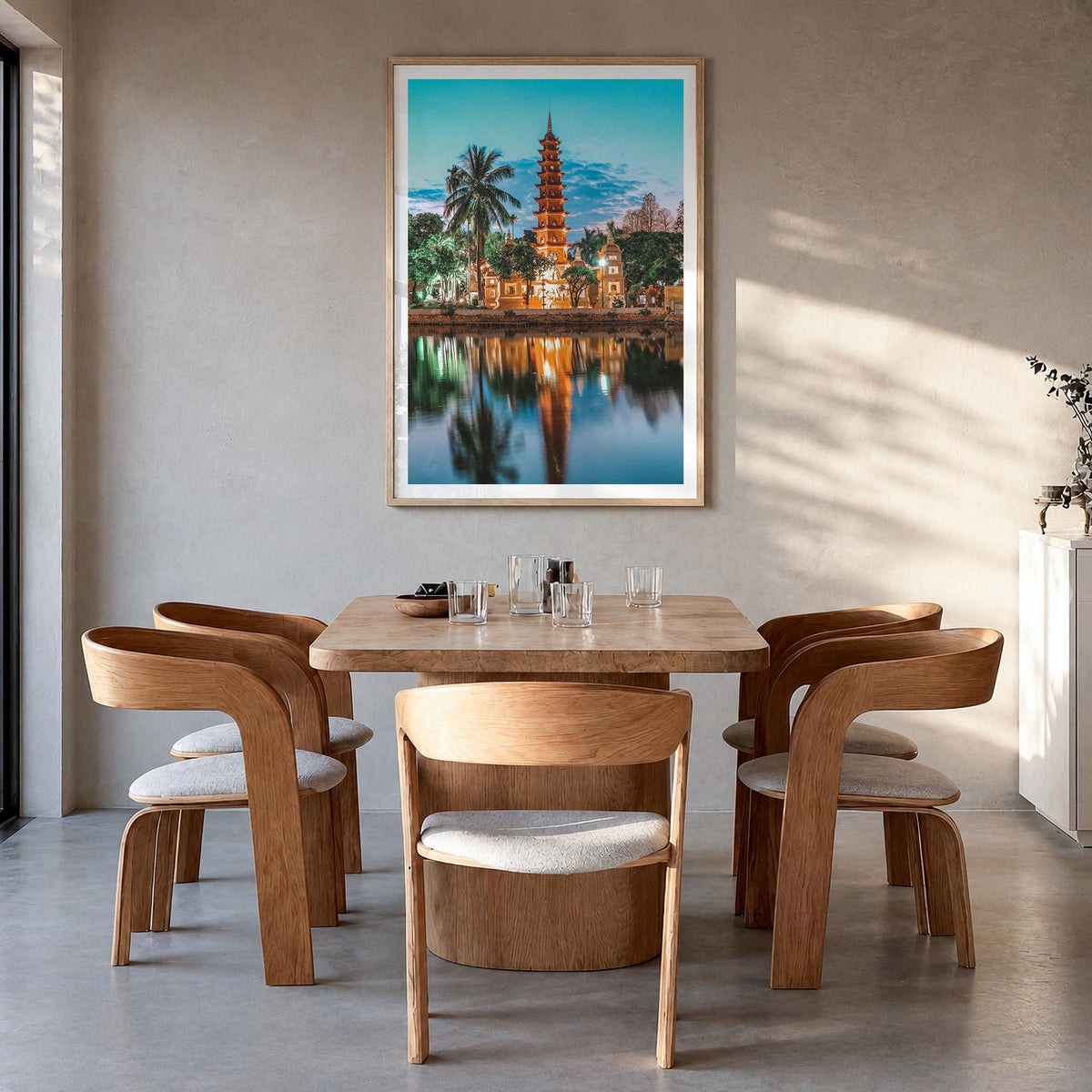 Hanoi colorful photo poster of Vietnam – vertical wall art in natural wood frame with white border, hanging on wall
