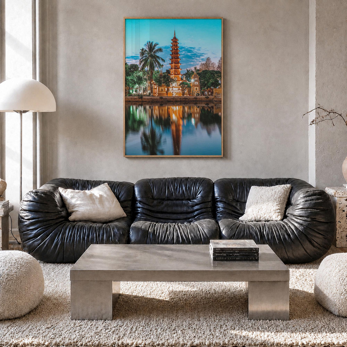 Hanoi colorful photo poster of Vietnam – vertical wall art in natural wood frame, hanging on wall