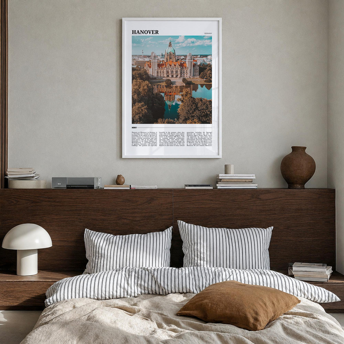 Hanover colorful travel poster of Maryland, USA – vertical wall art in white wood frame, hanging on wall