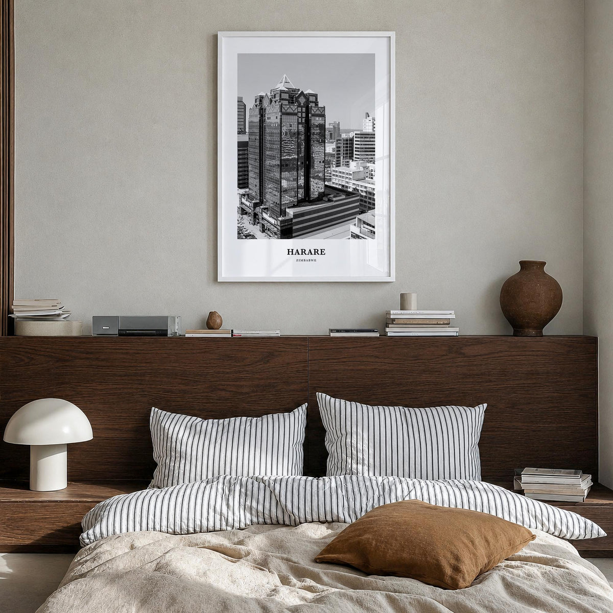Harare black & white classic poster of Zimbabwe – vertical wall art in white wood frame, hanging on wall