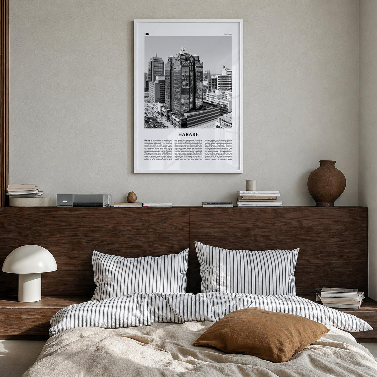 Harare black & white newspaper poster of Zimbabwe – vertical wall art in white wood frame, hanging on wall