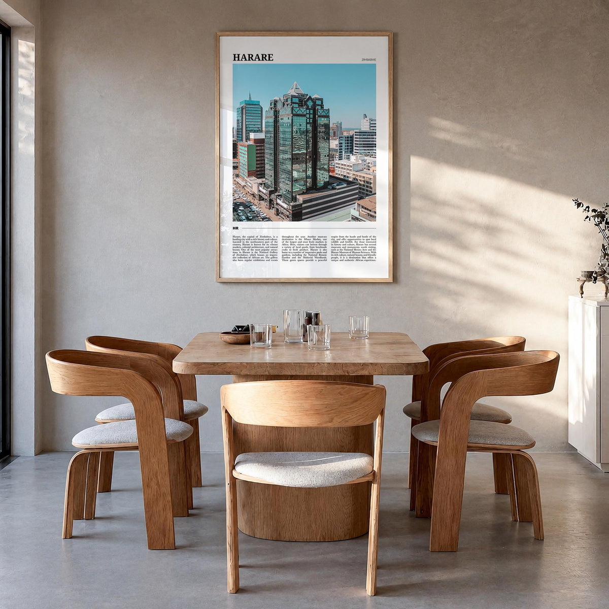 Harare colorful travel poster of Zimbabwe – vertical wall art in natural wood frame, hanging on wall