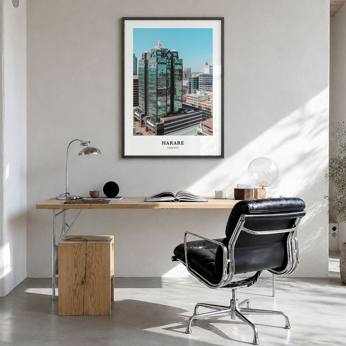 Harare Classic Poster in a black wood frame, hanging in a bright home office