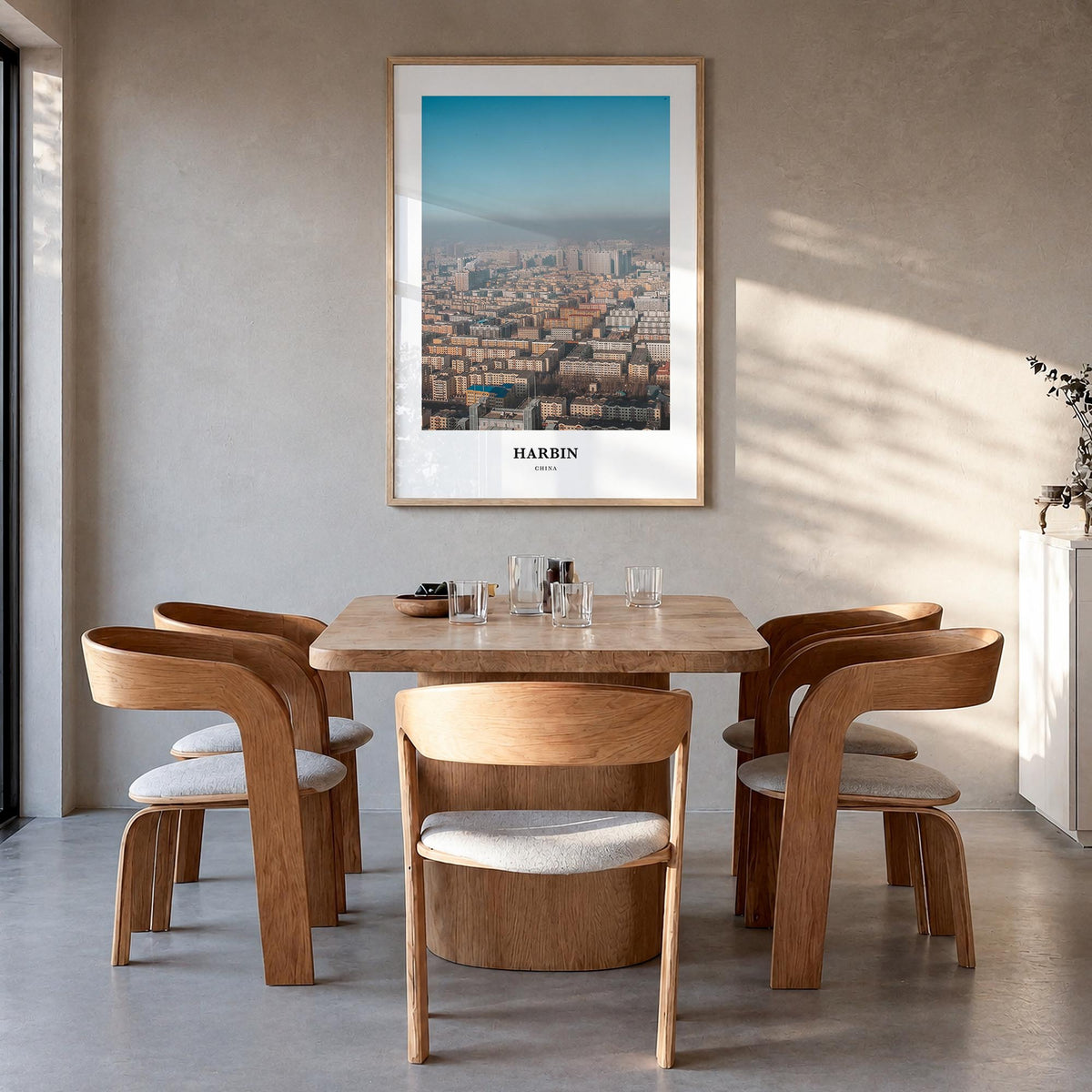 Harbin colorful classic poster of China – vertical wall art in natural wood frame, hanging on wall