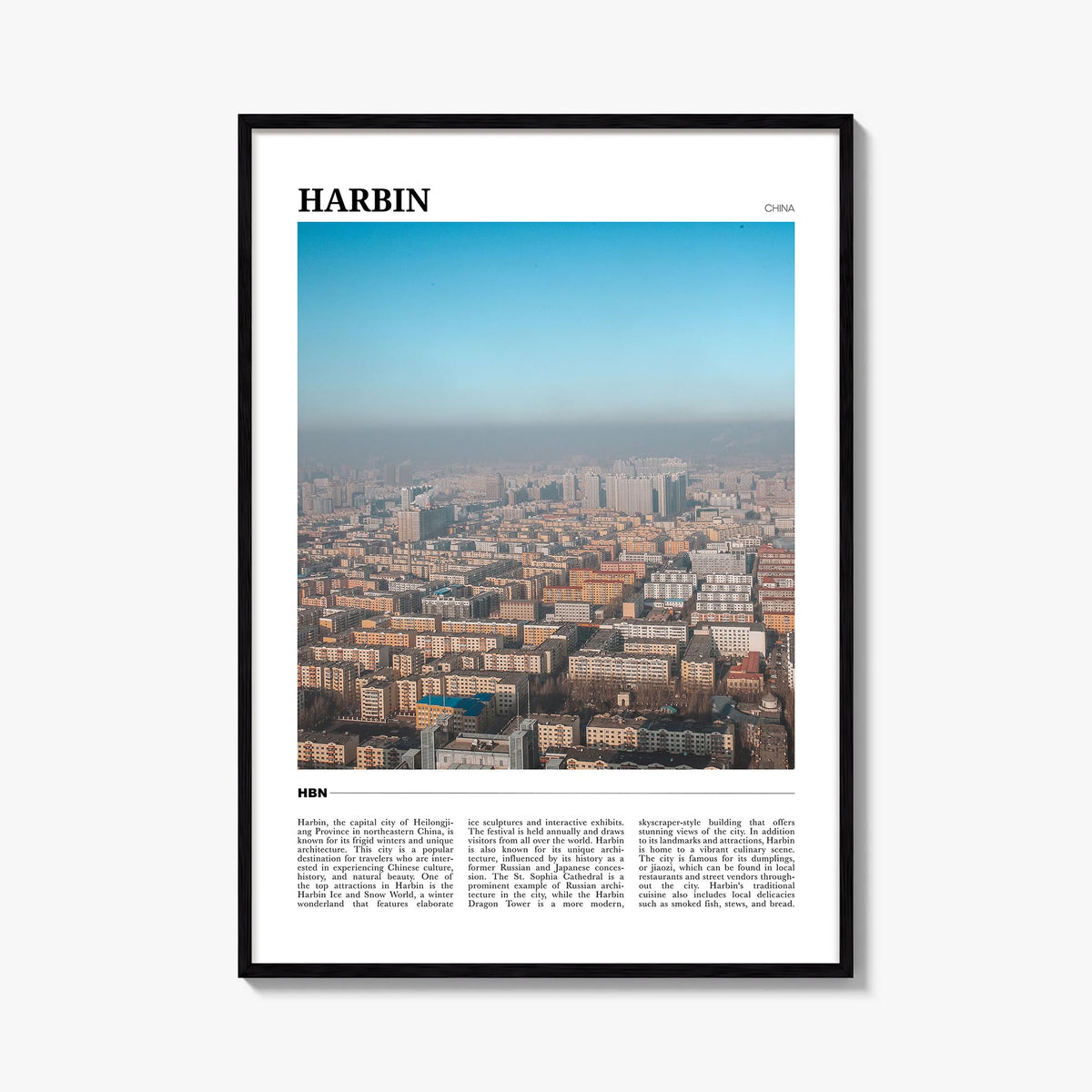 Harbin colorful travel poster of China – vertical wall art, unframed print shown in interior mockup