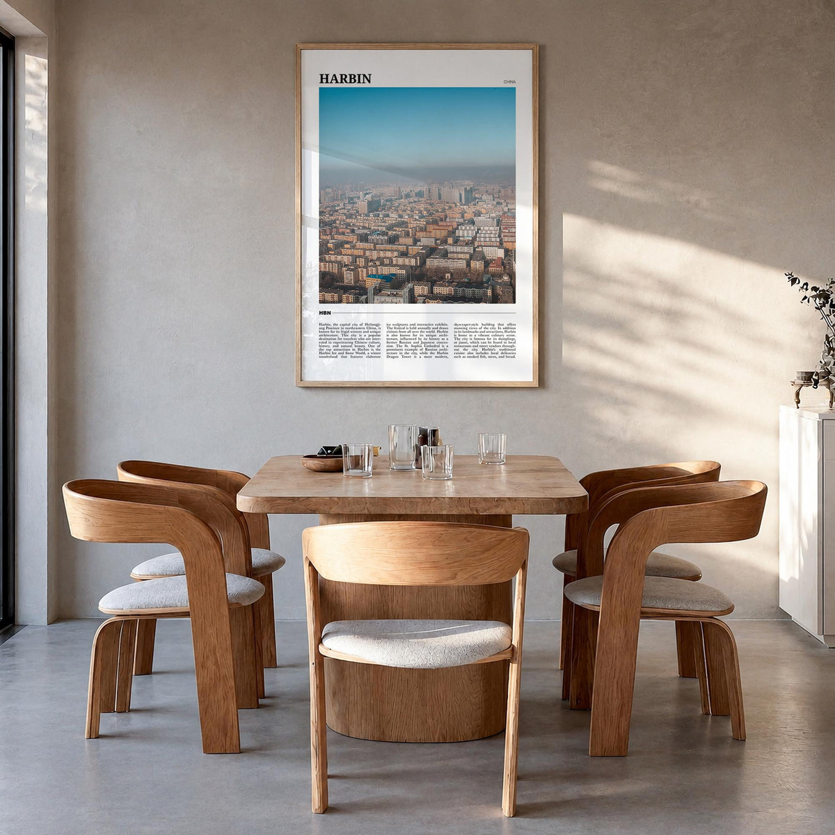 Harbin colorful travel poster of China – vertical wall art in natural wood frame, hanging on wall