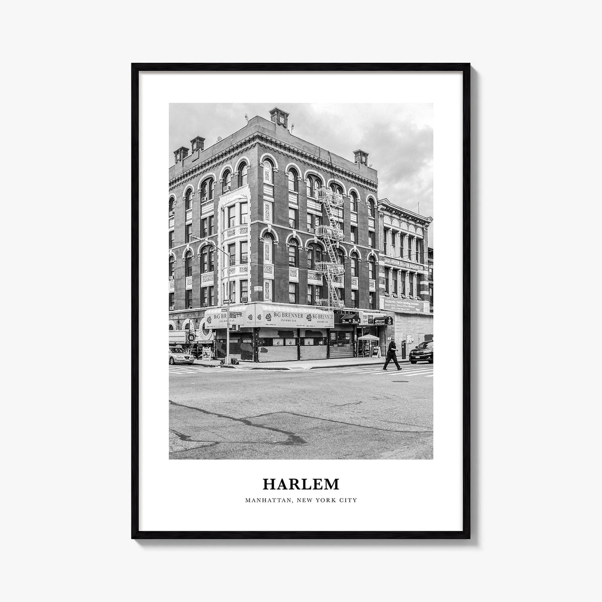 Harlem black & white classic poster of Manhattan, New York City – vertical wall art, unframed print shown in interior mockup