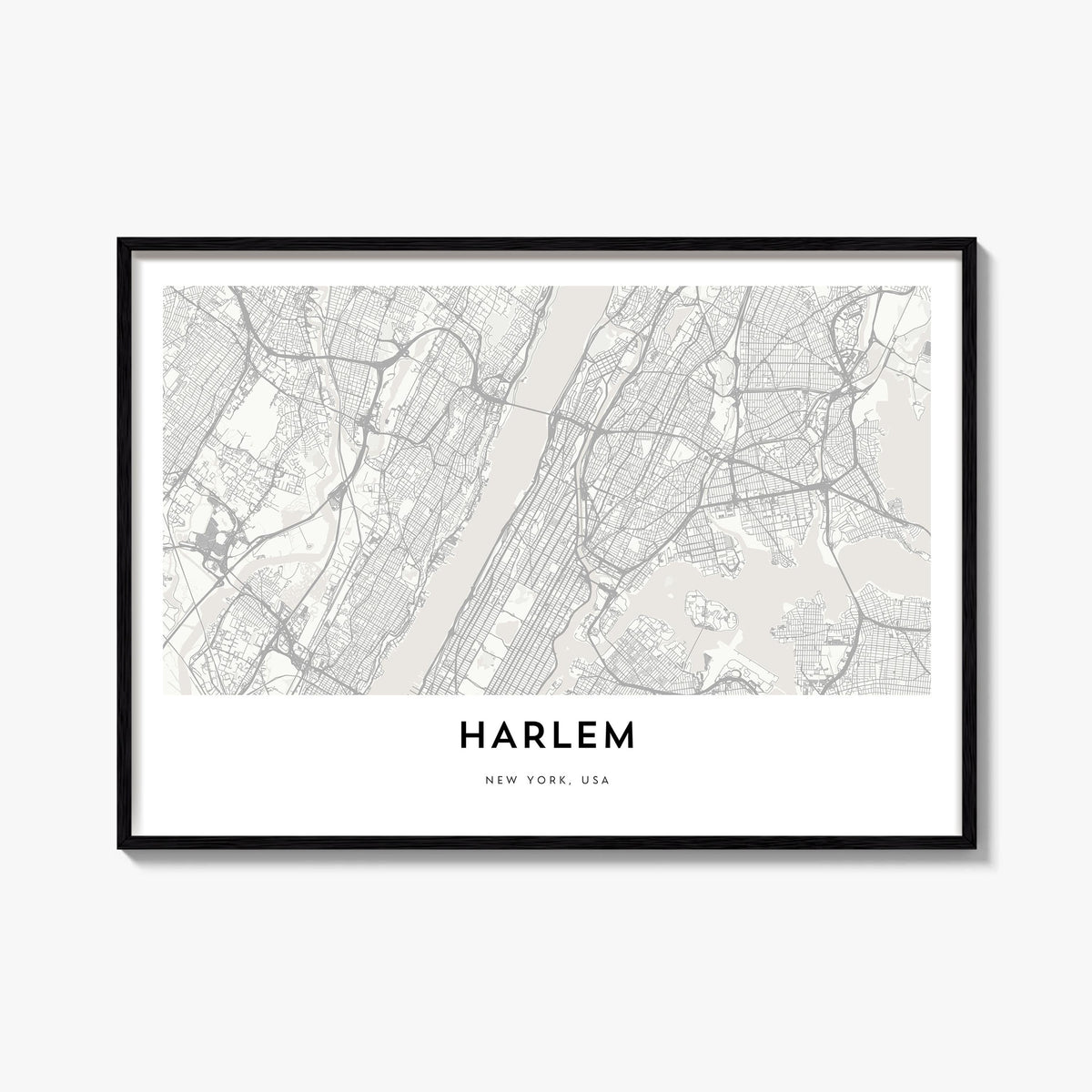 Harlem black & white map poster of Manhattan, New York City – horizontal wall art, unframed print shown in interior mockup