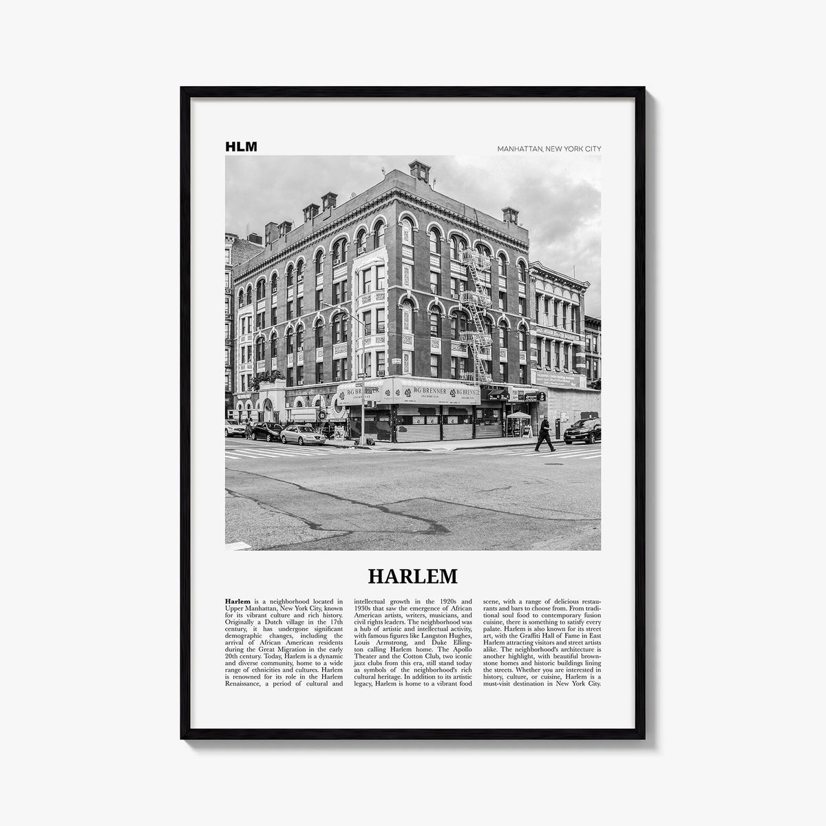 Harlem black & white newspaper poster of Manhattan, New York City – vertical wall art, unframed print shown in interior mocku