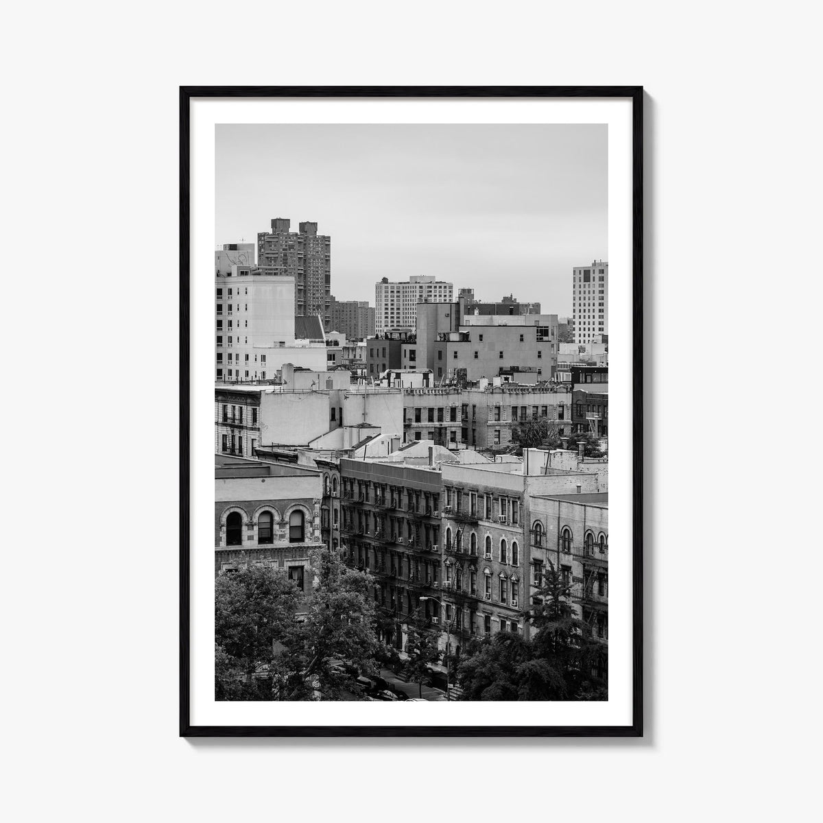 Harlem black & white photo poster of Manhattan, New York City – vertical wall art, unframed print shown in interior mockup