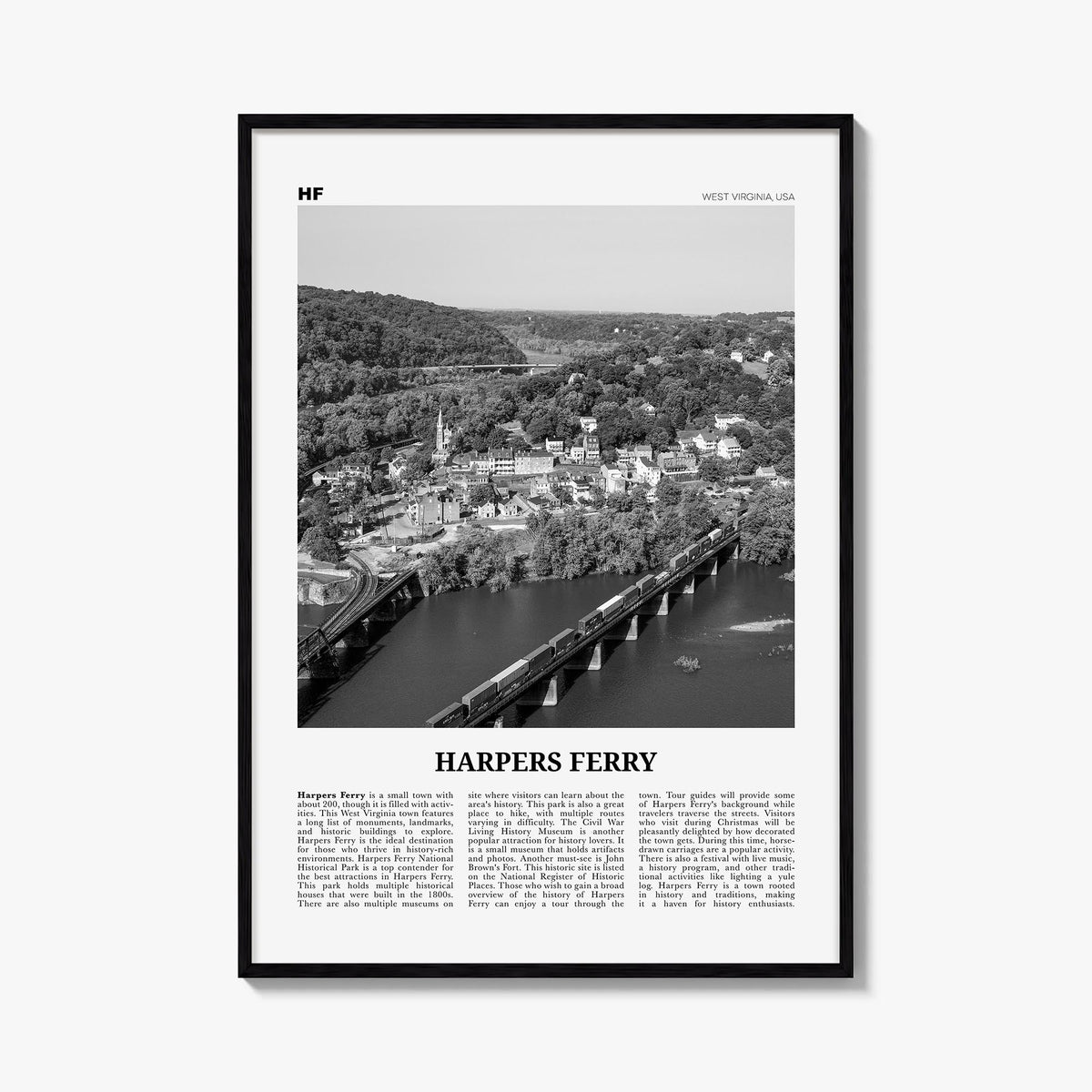 Harpers Ferry black & white newspaper poster of West Virginia, USA – vertical wall art, unframed print shown in interior mock