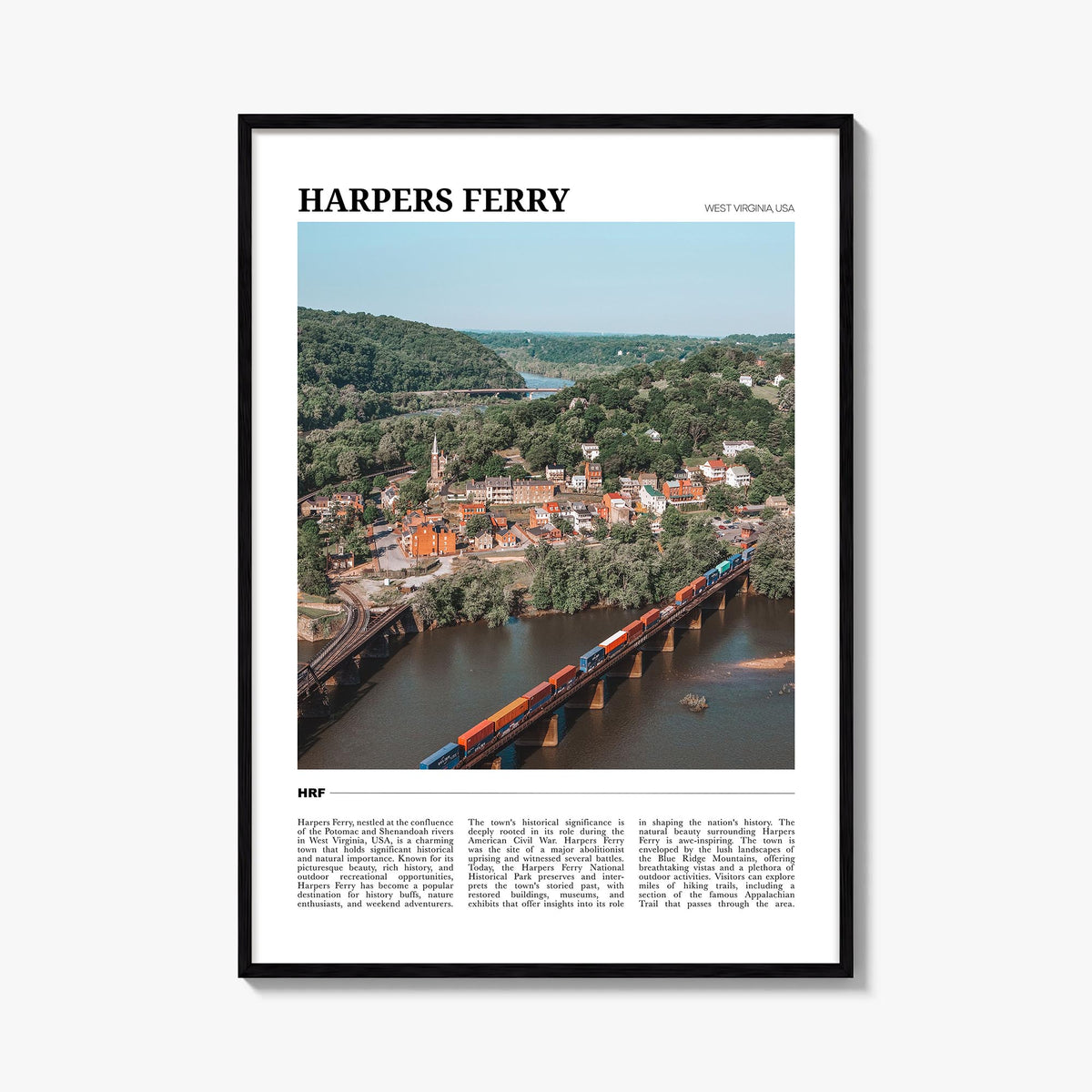 Harpers Ferry colorful travel poster of West Virginia, USA – vertical wall art, unframed print shown in interior mockup