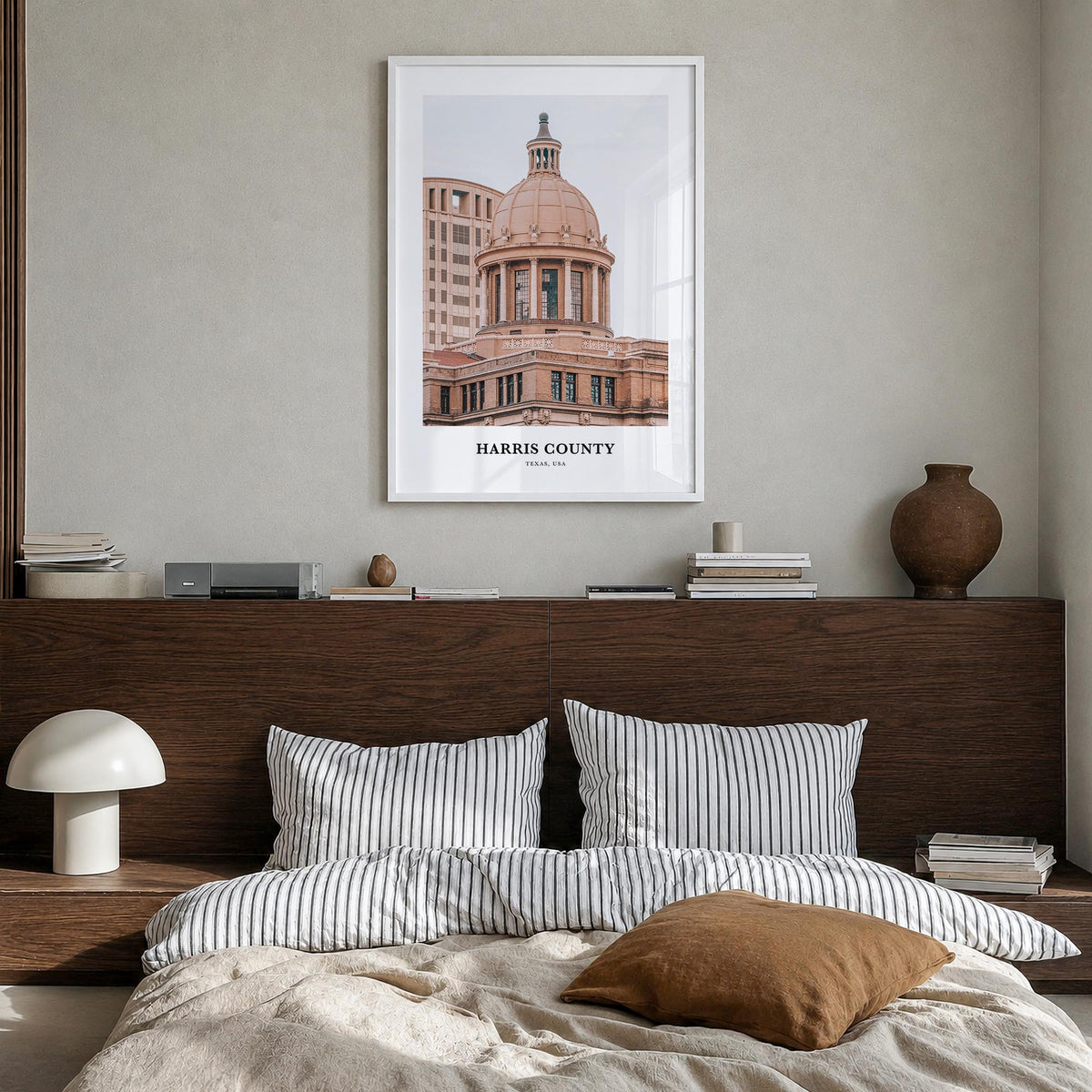 Harris County colorful classic poster of Texas, USA – vertical wall art in white wood frame, hanging on wall