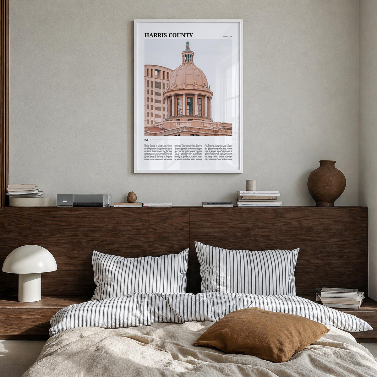 Harris County colorful travel poster of Texas, USA – vertical wall art in white wood frame, hanging on wall