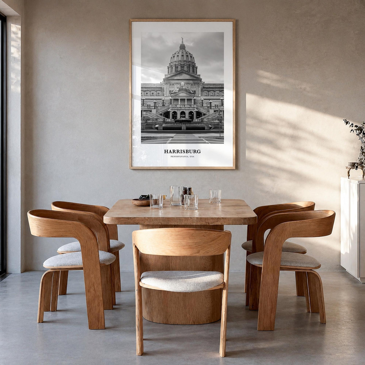 Harrisburg black & white classic poster of Pennsylvania, USA – vertical wall art in natural wood frame, hanging on wall