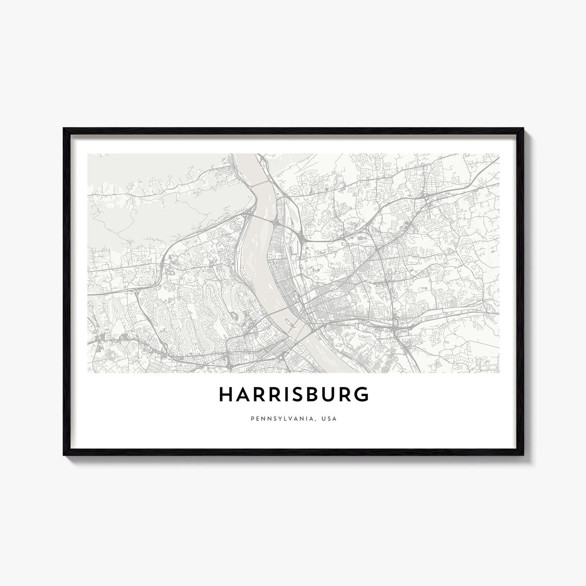 Harrisburg black & white map poster of Pennsylvania, USA – horizontal wall art, unframed print shown in interior mockup