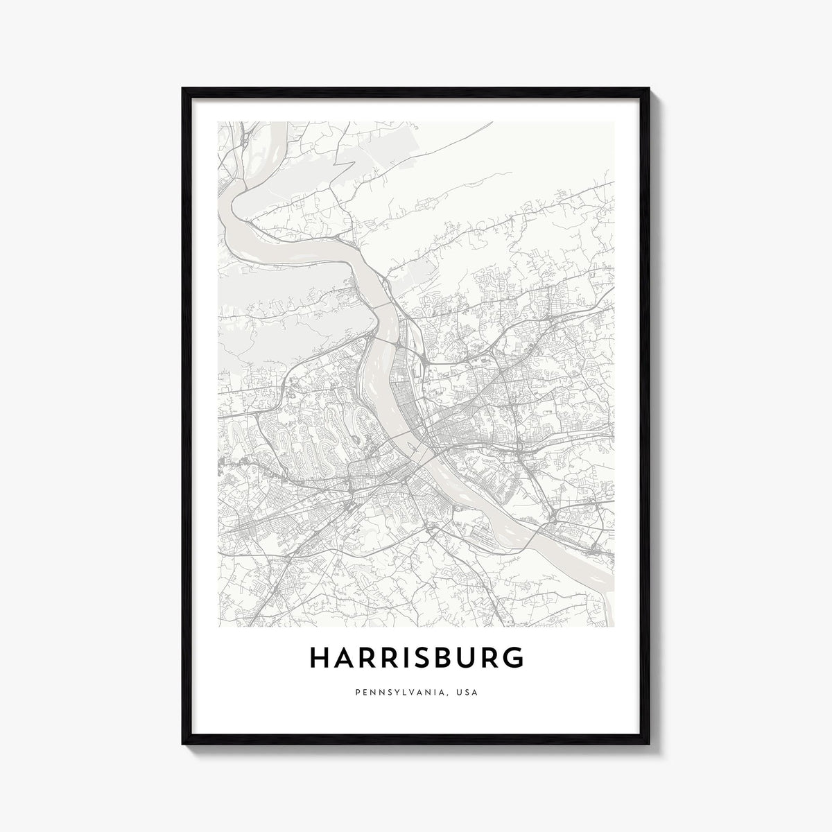 Harrisburg black & white map poster of Pennsylvania, USA – vertical wall art, unframed print shown in interior mockup