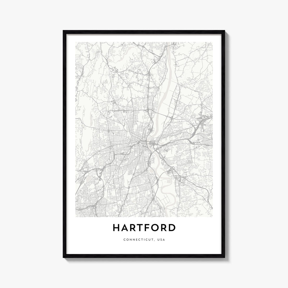 Hartford black & white map poster of Connecticut, USA – vertical wall art, unframed print shown in interior mockup