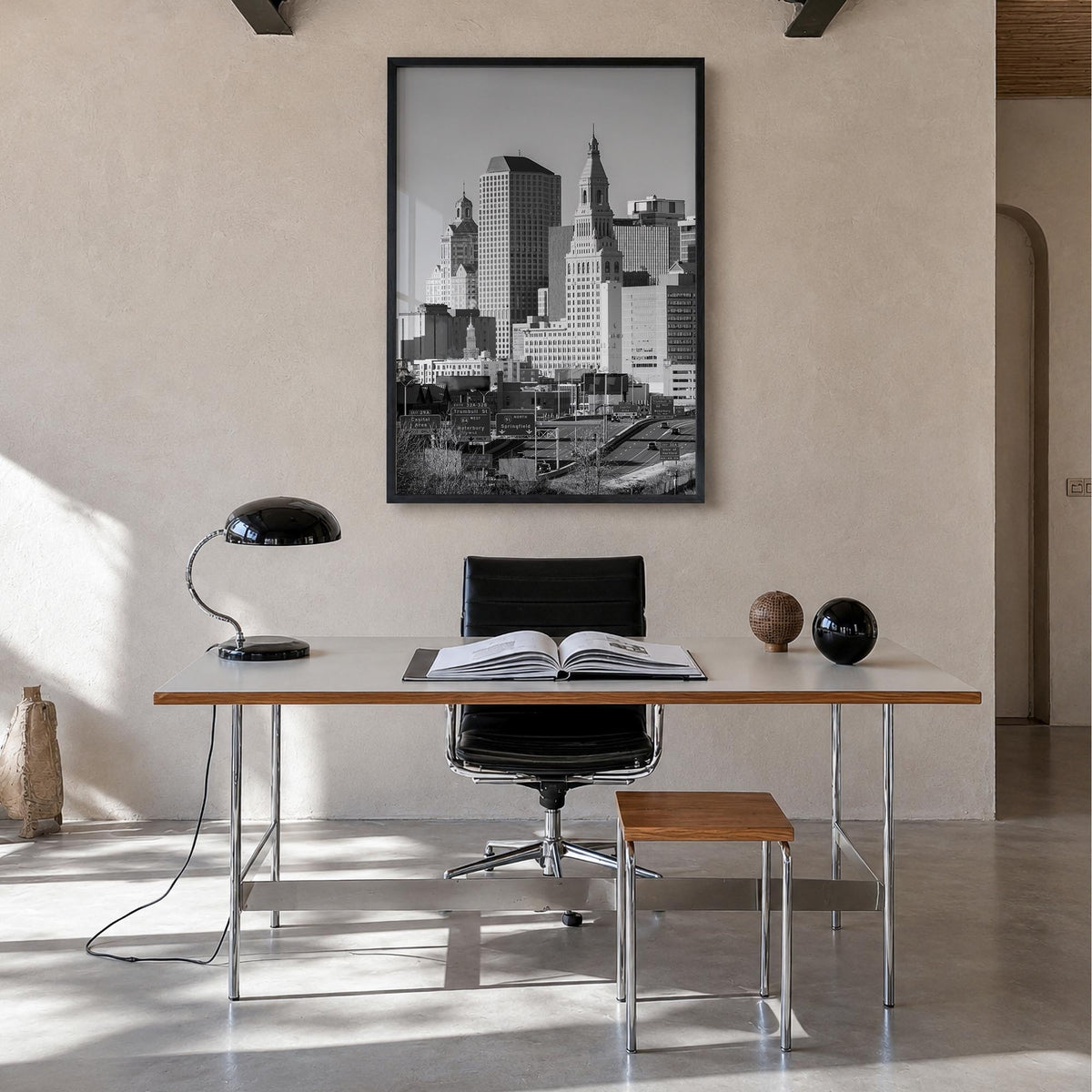 Hartford black & white photo poster of Connecticut, USA – vertical wall art in black wood frame, hanging on wall