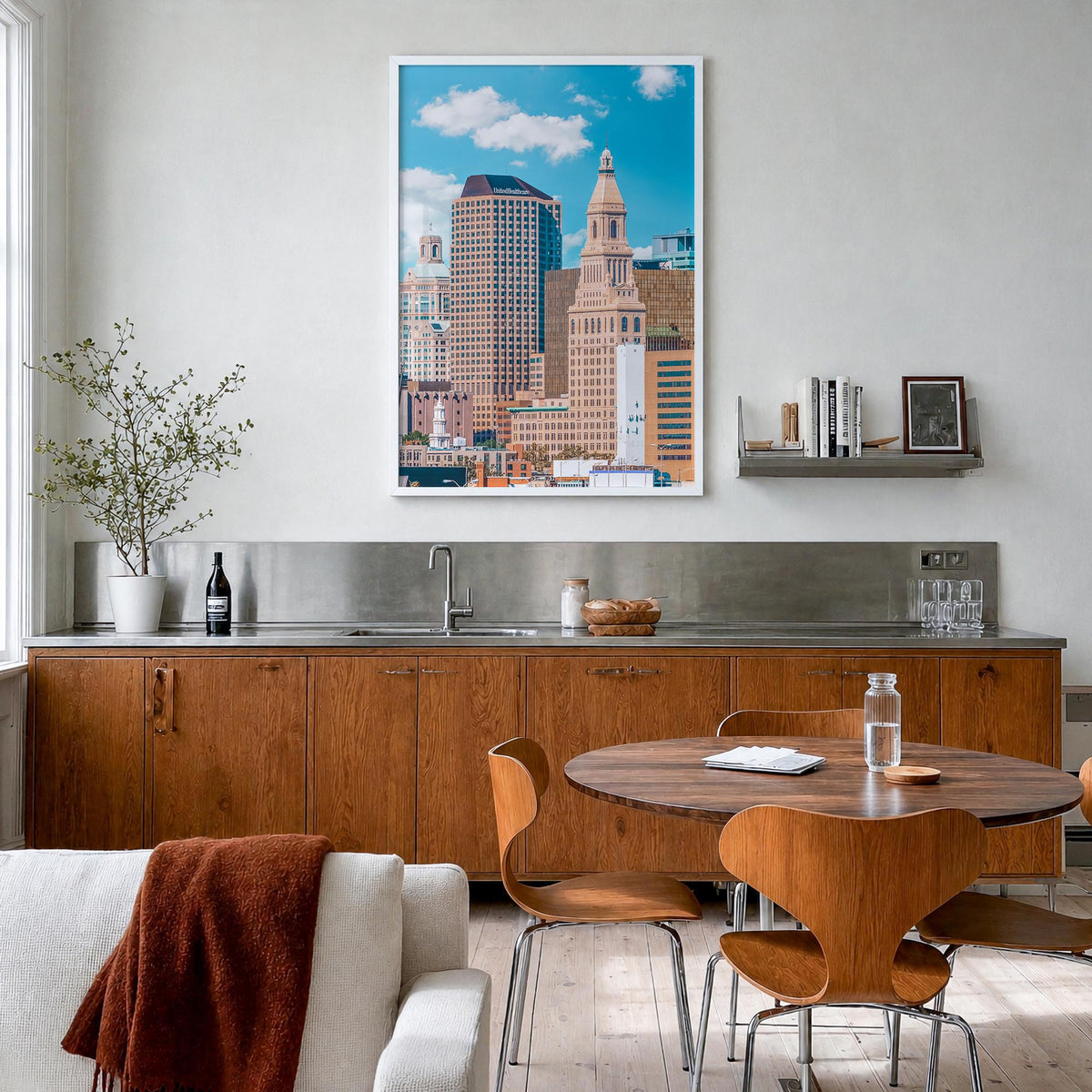 Hartford colorful photo poster of Connecticut, USA – vertical wall art in white wood frame, hanging on wall