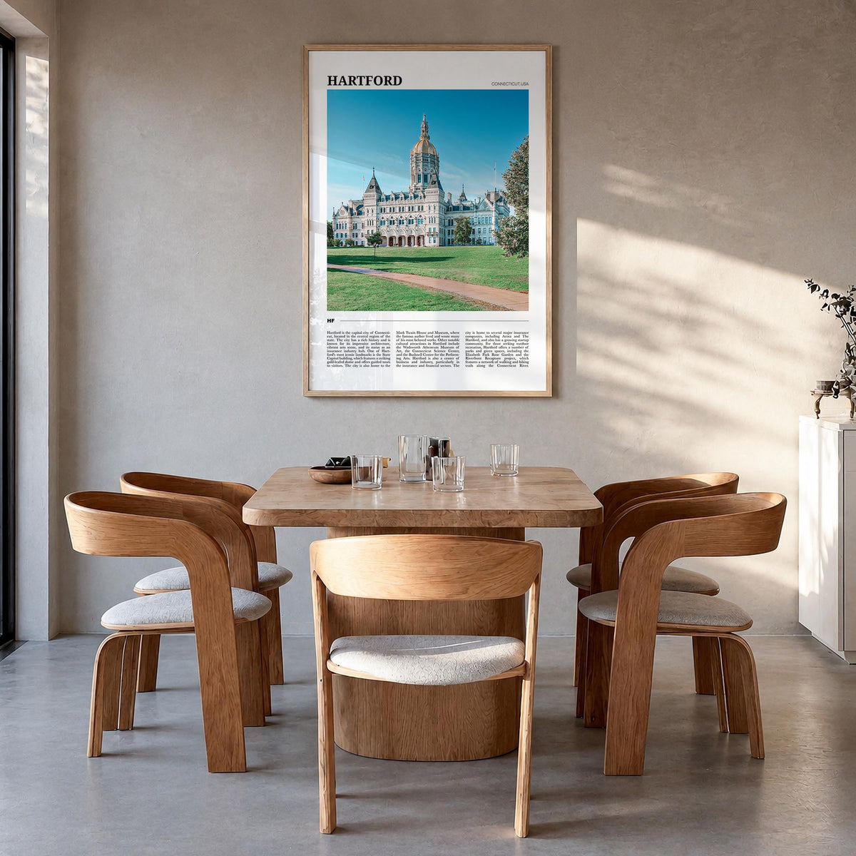Hartford no. 2 colorful travel poster of Connecticut, USA – vertical wall art in natural wood frame, hanging on wall