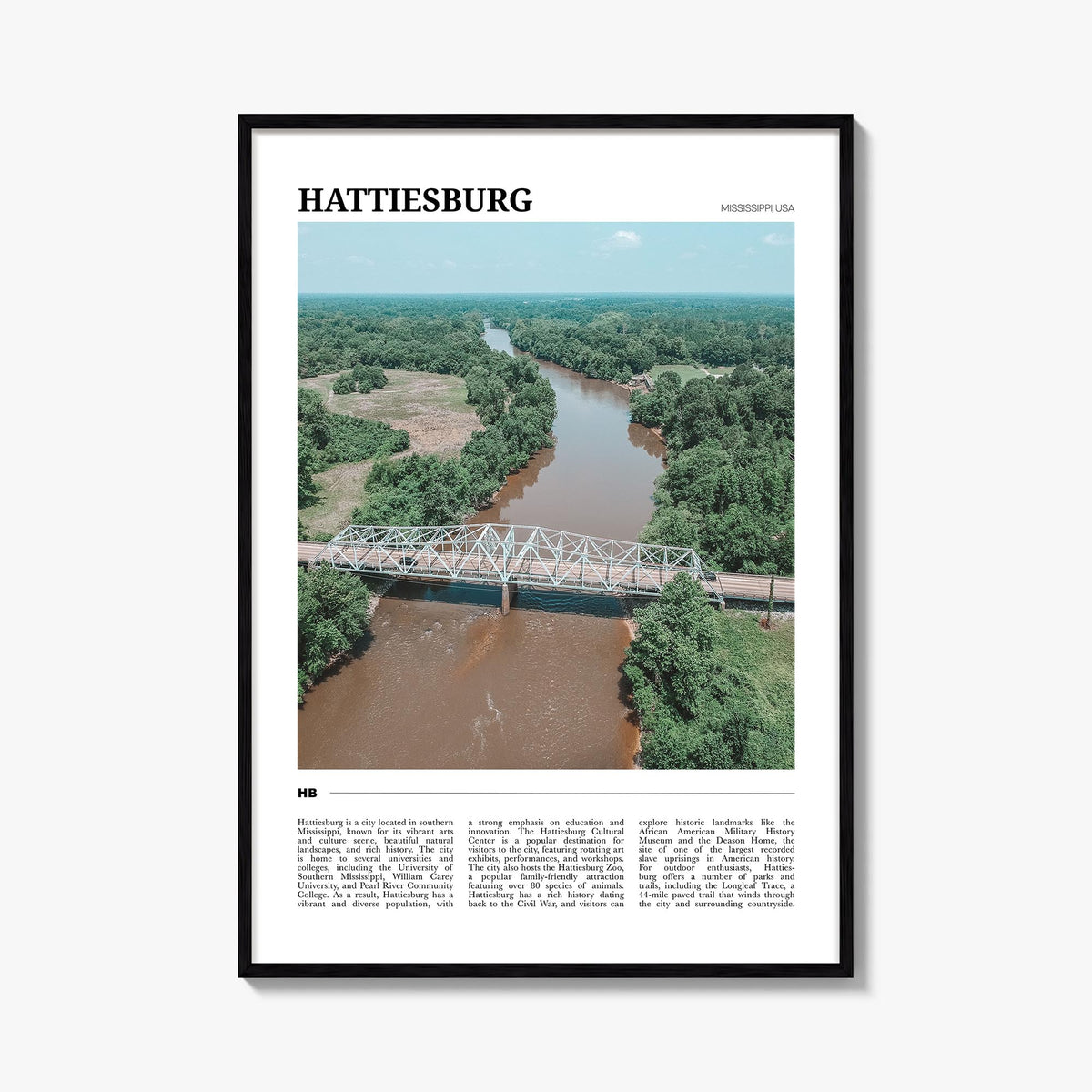 Hattiesburg colorful travel poster of Mississippi, USA – vertical wall art, unframed print shown in interior mockup