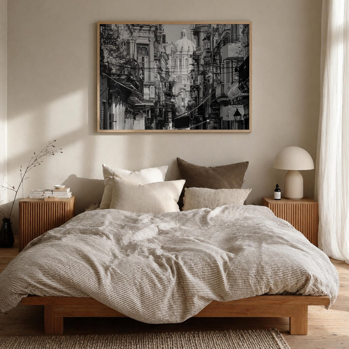 Havana black & white photo poster of Cuba – horizontal wall art in natural wood frame, hanging on wall