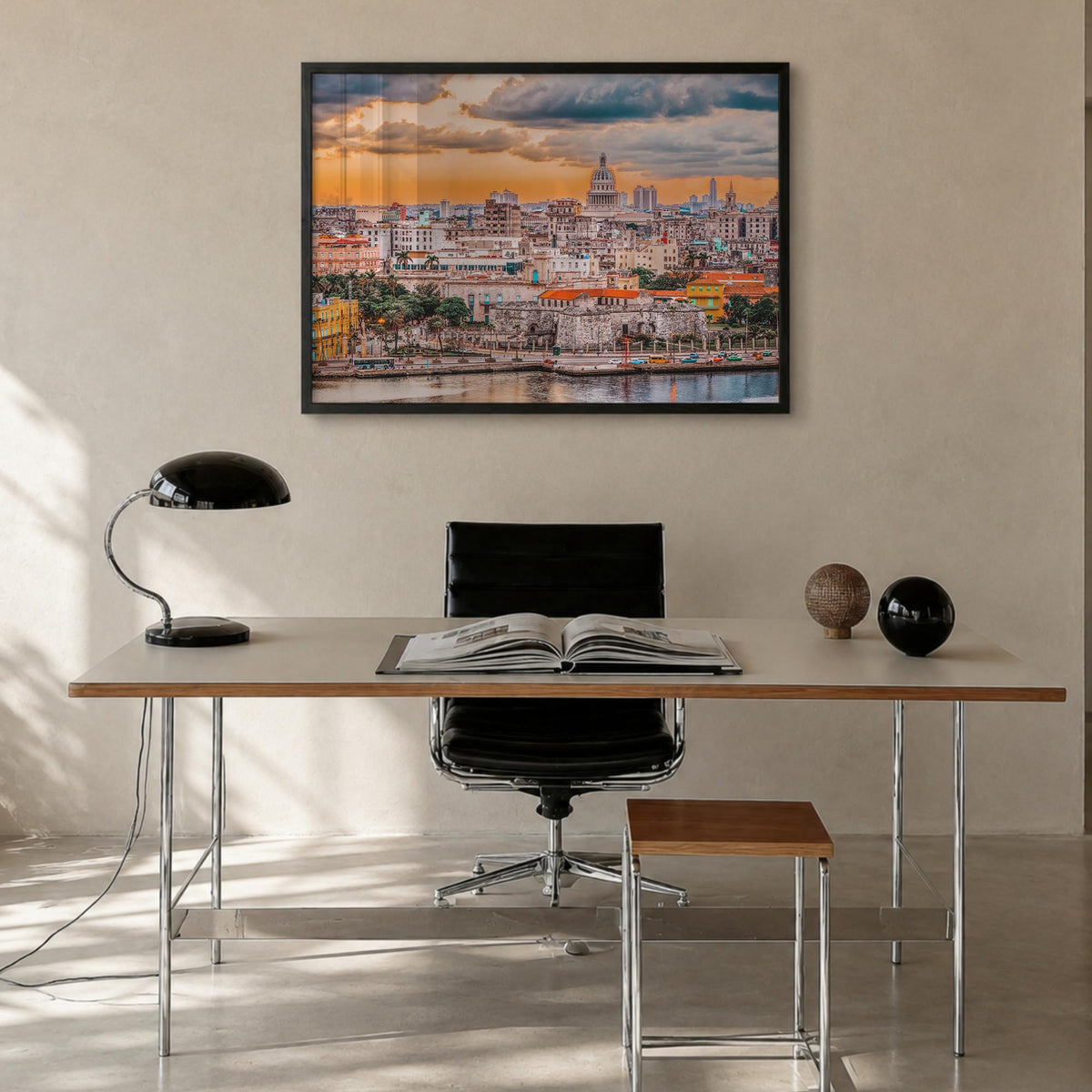 Havana colorful photo poster of Cuba – horizontal wall art in black wood frame, hanging on wall