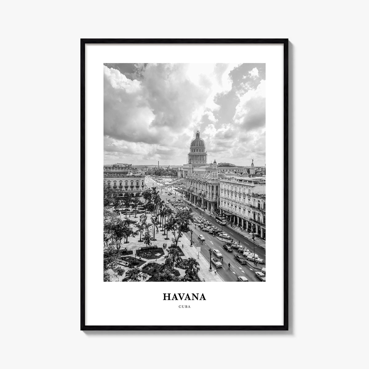 Havana no. 1 black & white classic poster of Cuba – vertical wall art, unframed print shown in interior mockup
