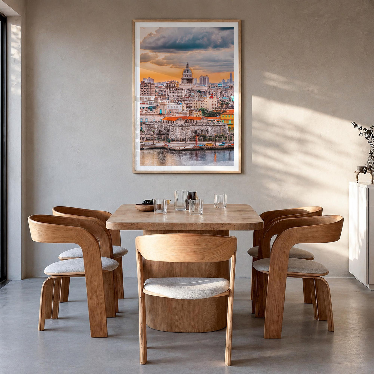 Havana no. 1 colorful photo poster of Cuba – vertical wall art in natural wood frame with white border, hanging on wall