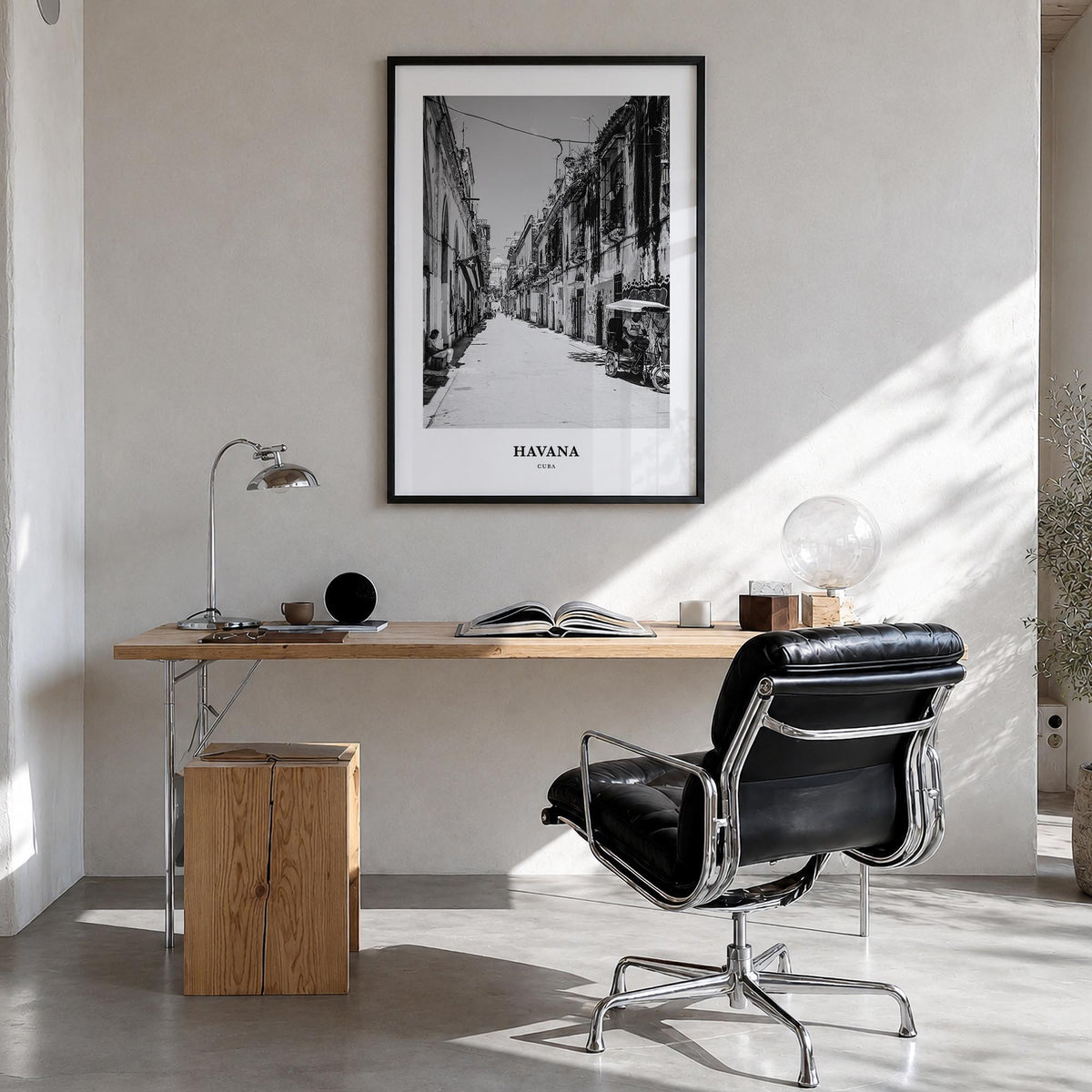 Havana no. 2 black & white classic poster of Cuba – vertical wall art in black wood frame, hanging on wall