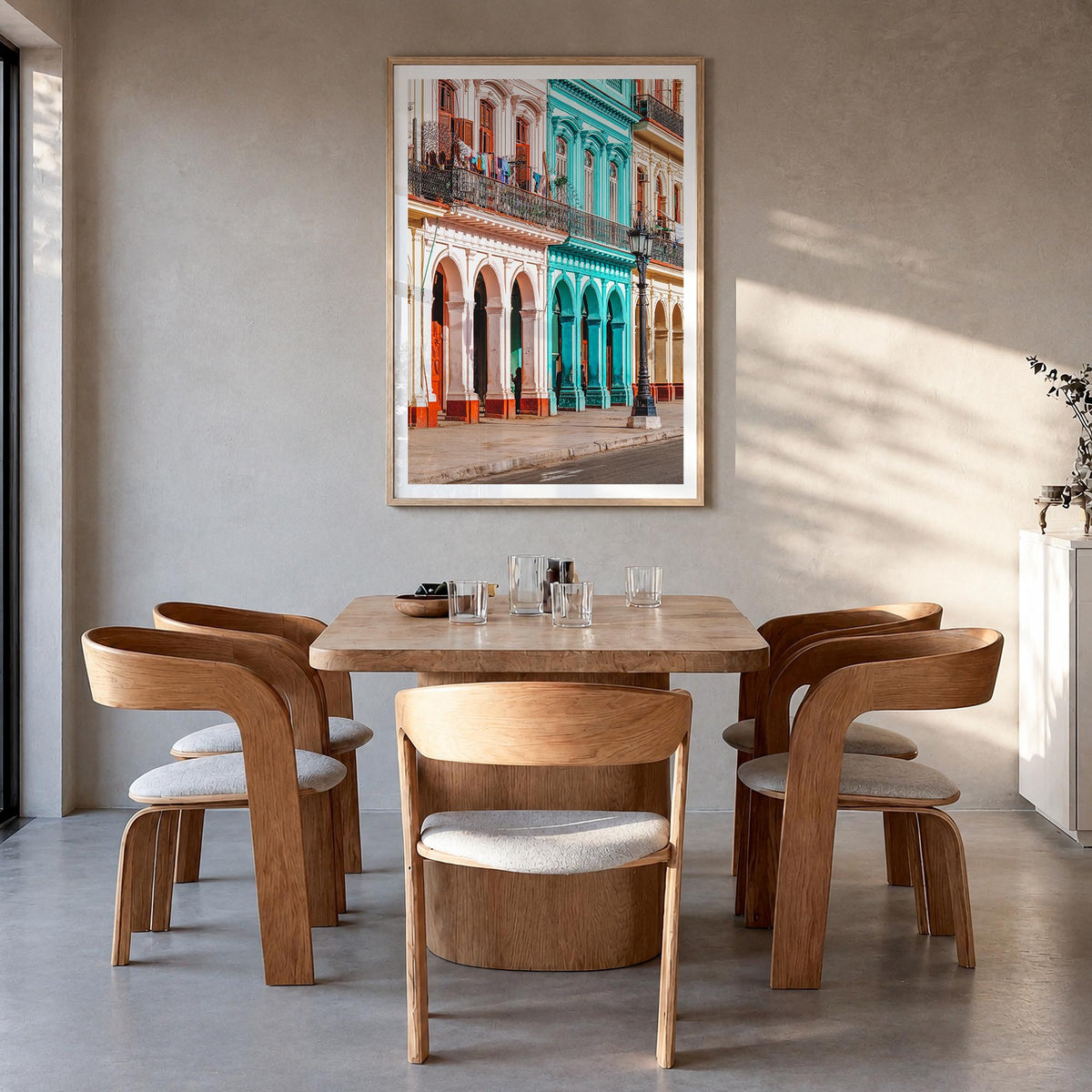 Havana no. 2 colorful photo poster of Cuba – vertical wall art in natural wood frame with white border, hanging on wall