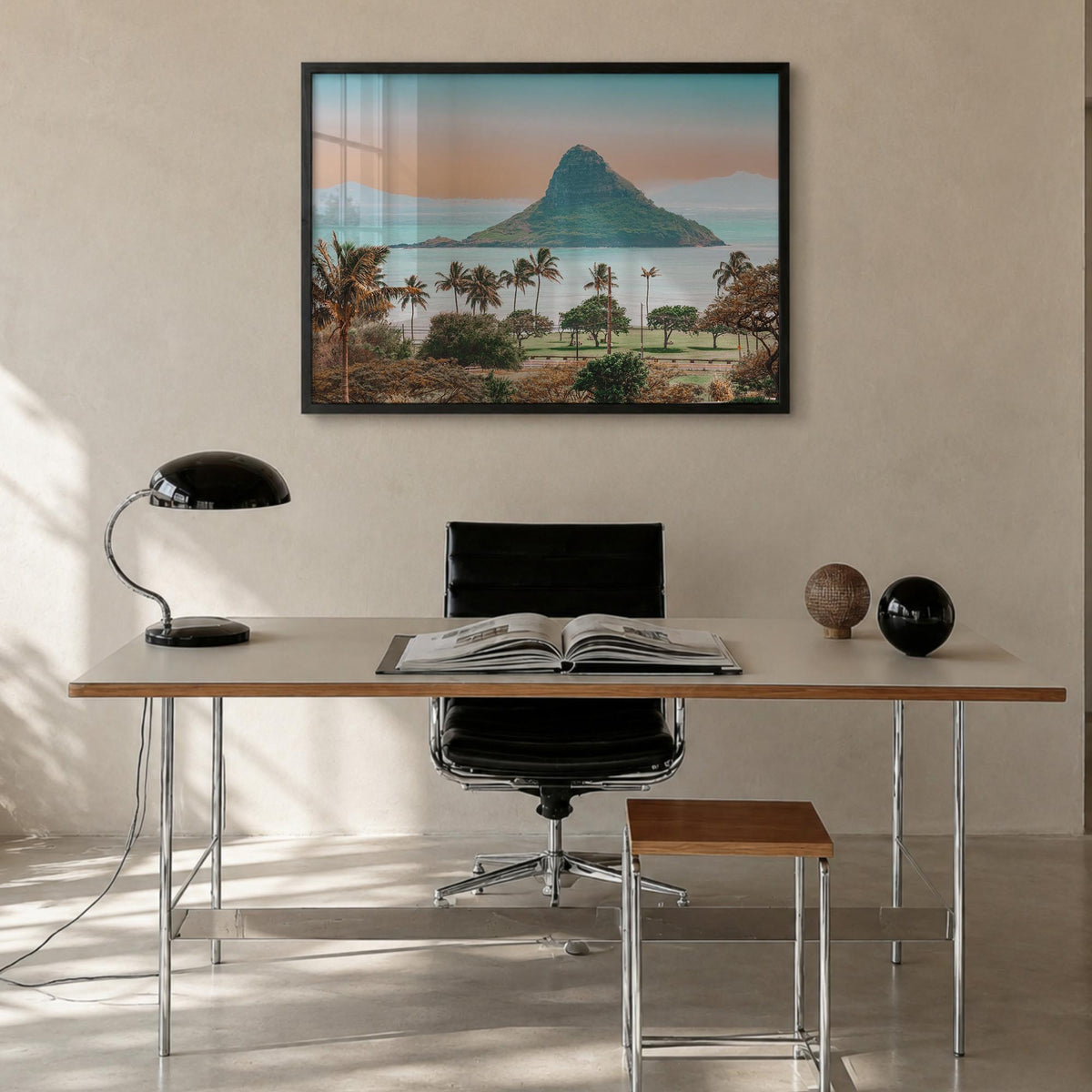 Hawaii colorful photo poster of United States – horizontal wall art in black wood frame, hanging on wall
