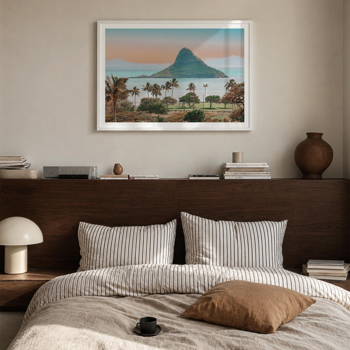 Hawaii colorful photo poster of United States – horizontal wall art in white wood frame with white border, hanging on wall