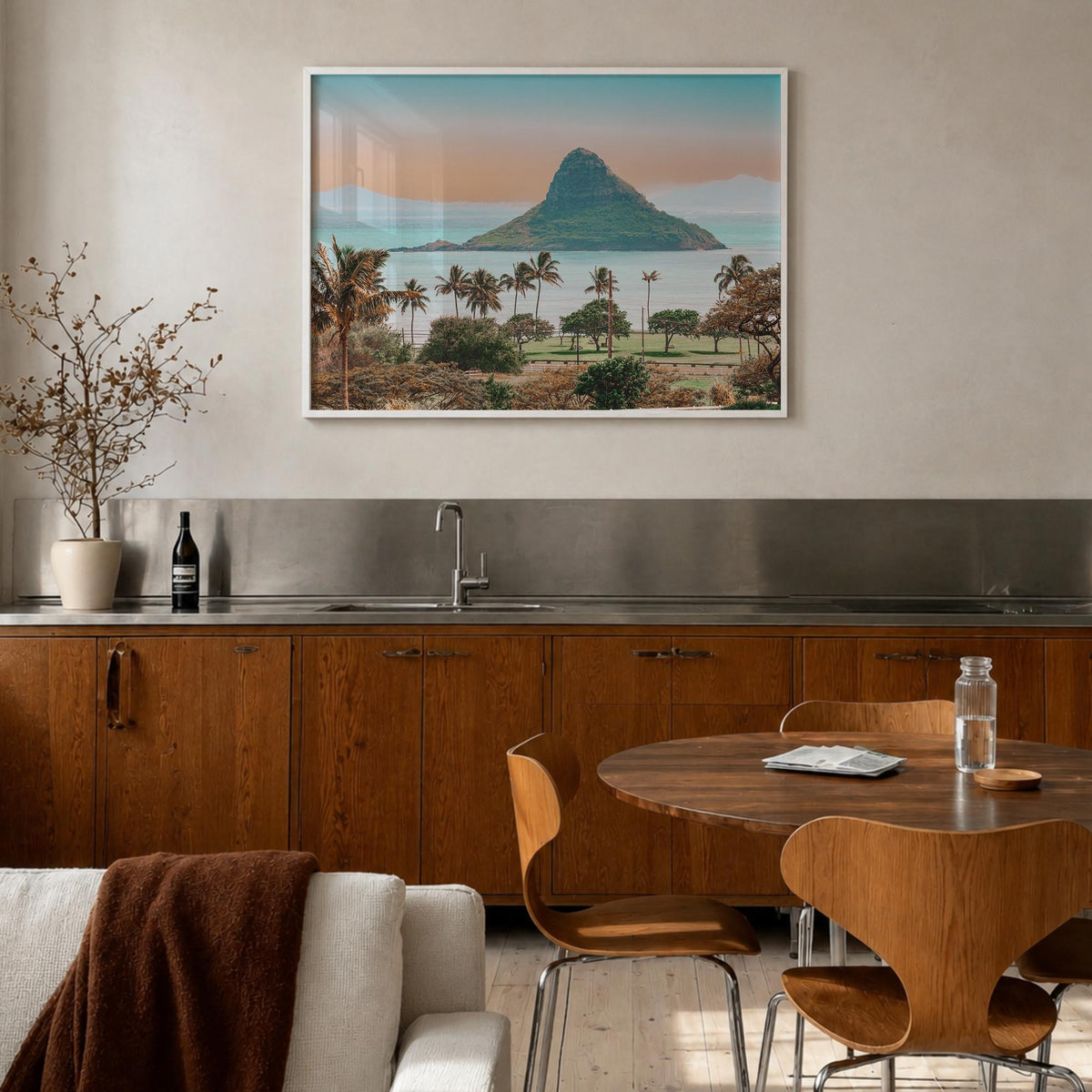 Hawaii colorful photo poster of United States – horizontal wall art in white wood frame, hanging on wall