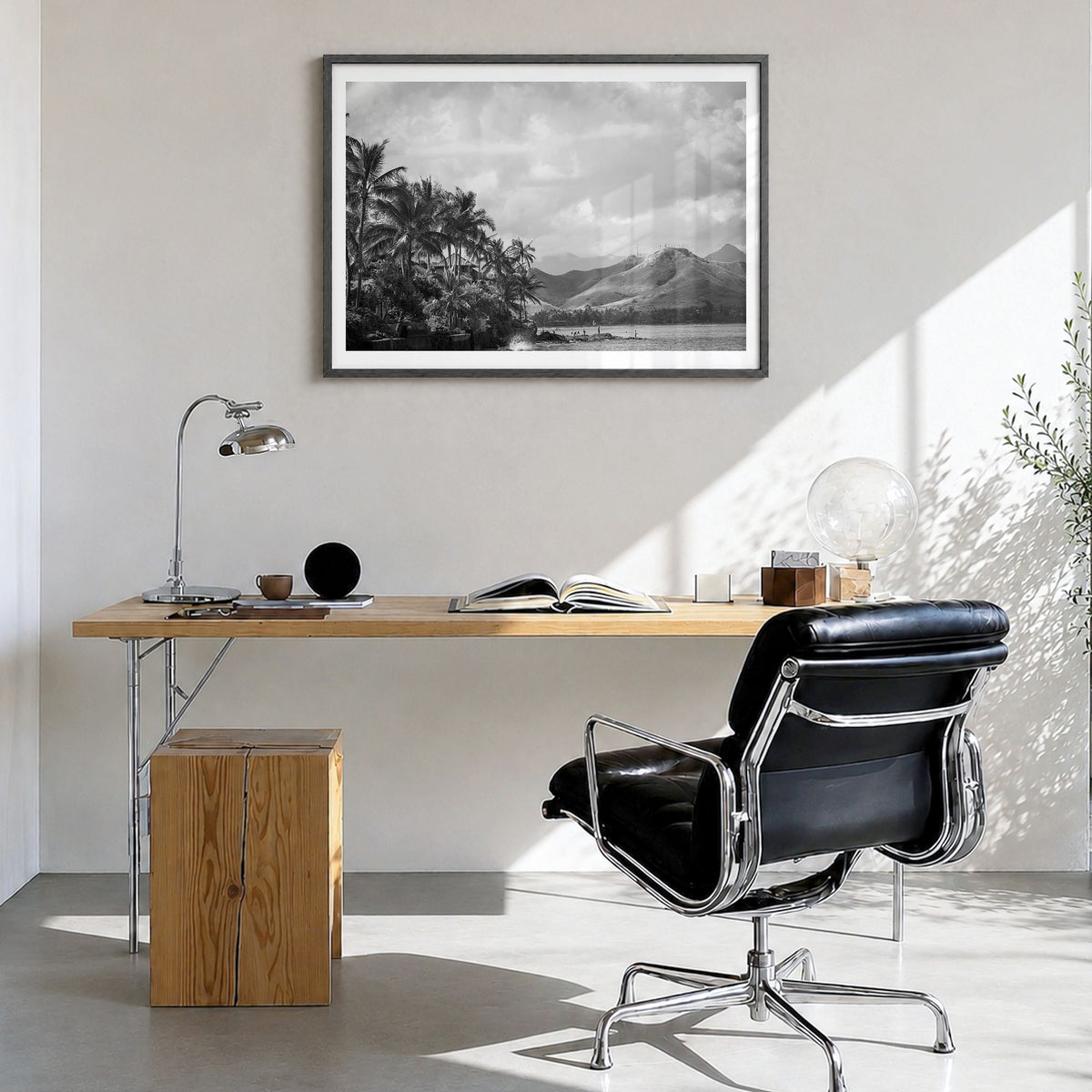 Hawaii Photo No 1 Poster in a black wood frame, hanging in a bright home office, white border