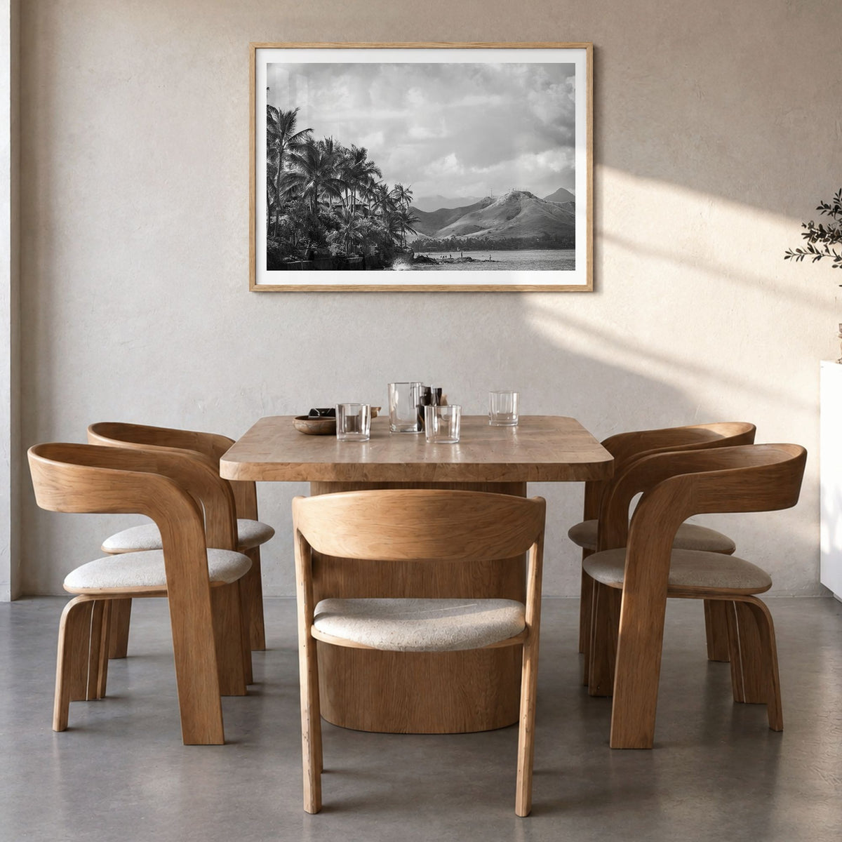 Hawaii Photo No 1 Poster in a natural wood frame, hanging in a dining room, white border