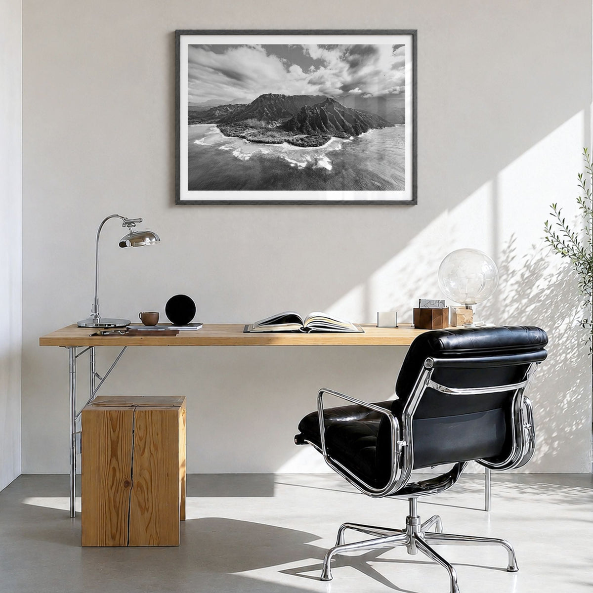 Hawaii Photo No 2 Poster in a black wood frame, hanging in a bright home office, white border