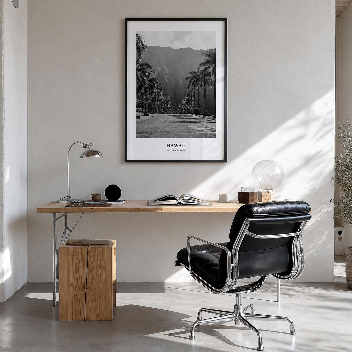 Hawaii no. 1 black & white classic poster of United States – vertical wall art in black wood frame, hanging on wall
