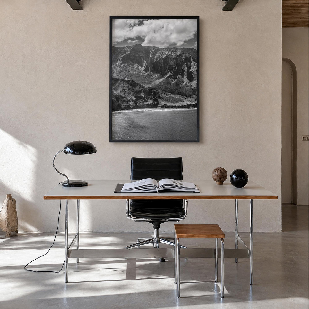 Hawaii no. 1 black & white photo poster of United States – vertical wall art in black wood frame, hanging on wall