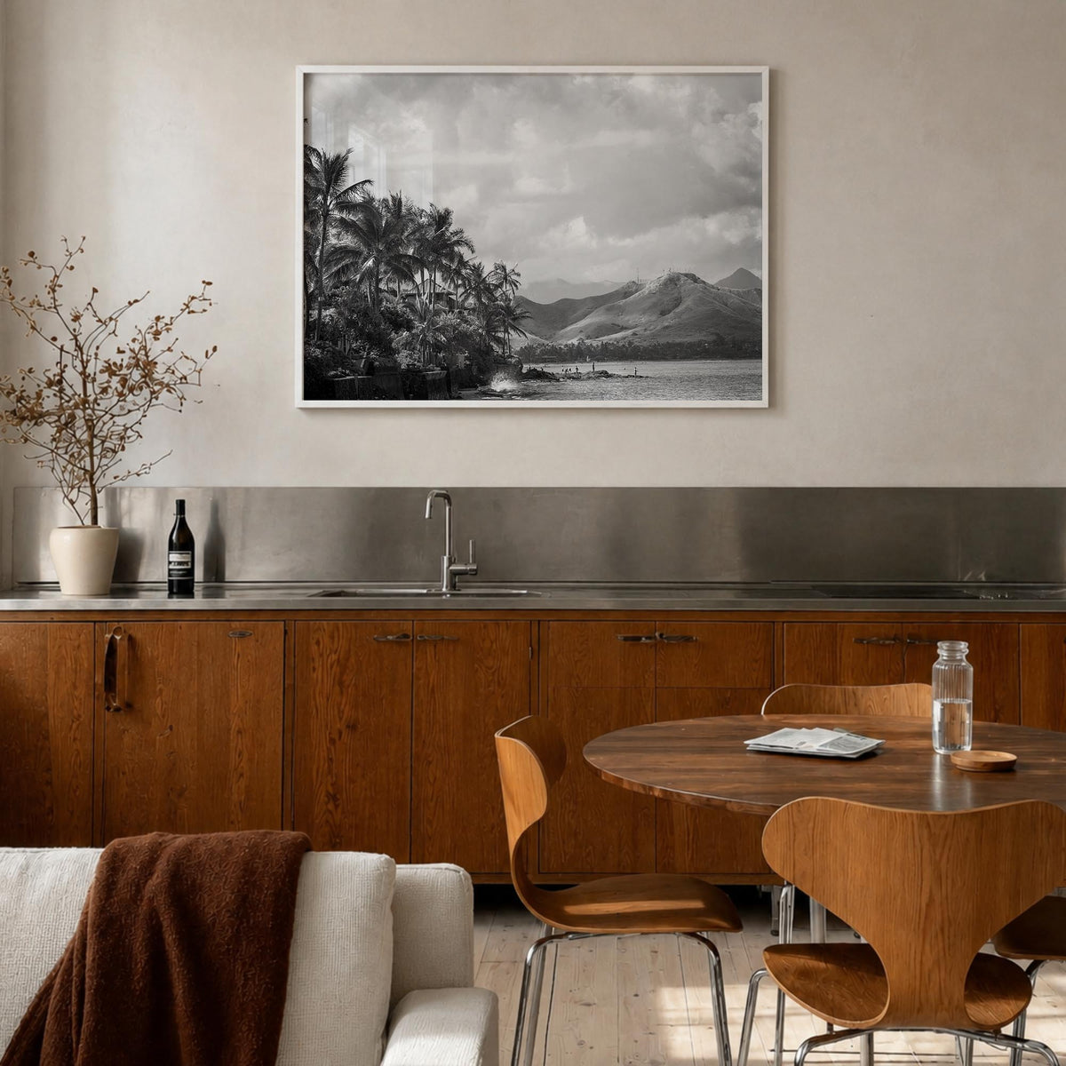 Hawaii no. 1 black & white photo poster of United States – horizontal wall art in white wood frame, hanging on wall